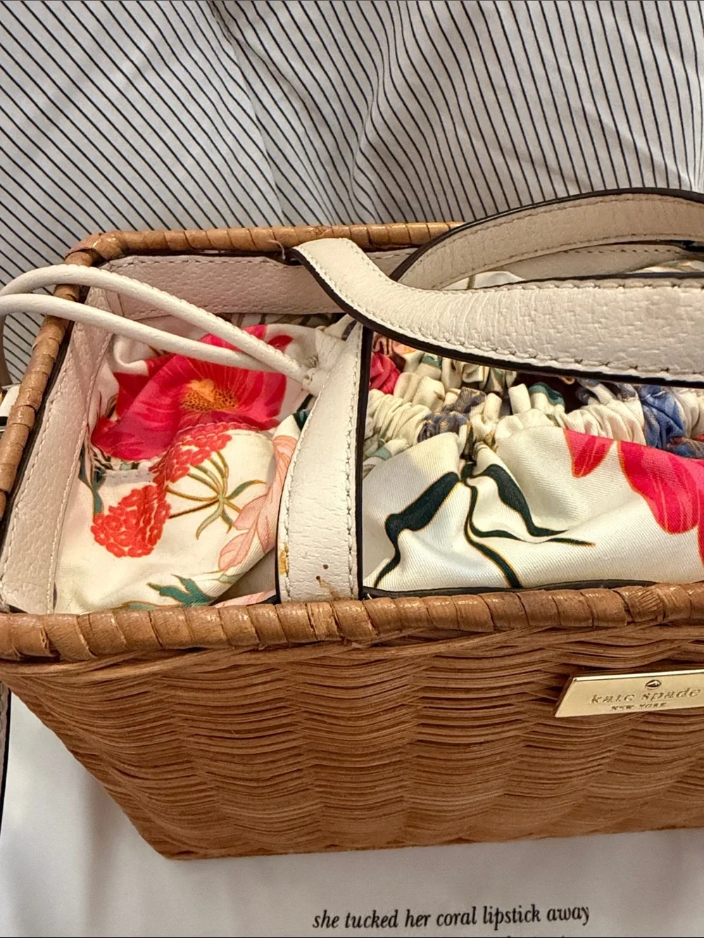 kate spade Sam Wicker Basket Bag with Cream Trim and Floral Interior - Picture 3 of 10